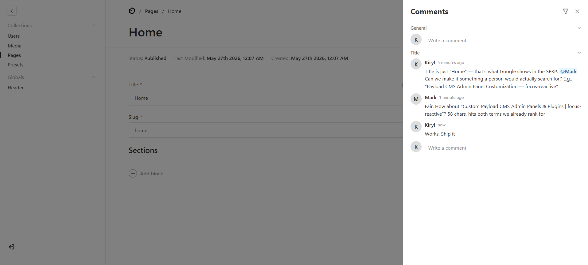 The document-scoped comments panel groups threads by field — a General section for document-level notes and per-field sections like Title, with an @mention resolved against the users collection.