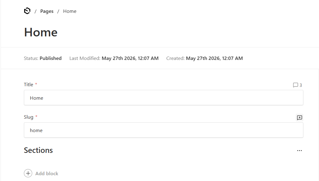 Comment badges sit next to every field label in the admin — the Title field shows a thread count, the Slug field shows the "add comment" affordance.