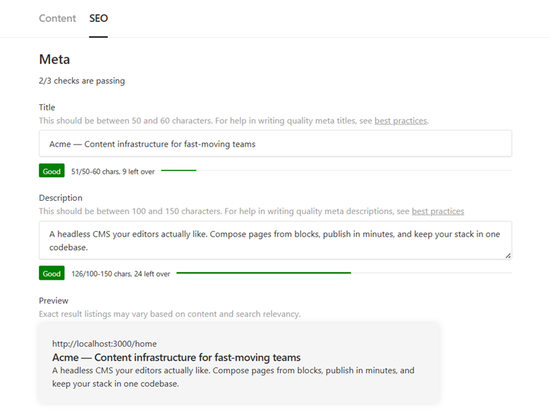 The SEO tab showing a Meta group that bundles Title, Description, and Preview fields under one heading — a set of related inputs presented as a single named unit.