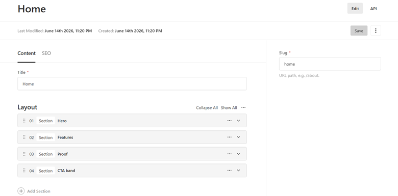 A Payload edit screen split into Content and SEO tabs along the top — the active Content tab shows the Title field and a Layout block list, keeping SEO fields out of the way on a separate pane.
